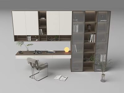 Modern Bookcase With Glass Doors And Open Shelves Near Desk Chair And Plants 3d model
