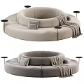 Two Seater Circular Velvet Sofa Upholstered Beige Gray With Pillows Throw Blanket Side Tables