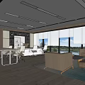 Modern Office Interior Design With Workstations Sofa Seating Bookshelf And Large Windows 3d model