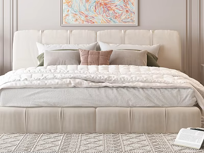 Double Bed Interior With Light Upholstered Headboard Multiple Pillows Colorful Painting And Woven Rug 3d model