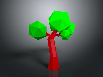 Cartoon Scene Featuring Low Poly Tree with Red Trunk and Green Polygonal Leaves 3d model