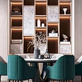 Elegant Modern Dining Table Set With Green Upholstered Chairs And Decorative Shelves 3d model