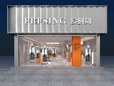 FBESING Modern Clothing Store With Window Display Mannequins And Orange Accents 3d model