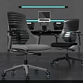 Modern White And Gray Office Chairs With Black Workstation And Blue Lighting