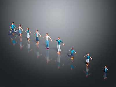 Small Human Characters Riding Bicycles Carrying Bags And Walking On Gray Background With Reflections 3d model