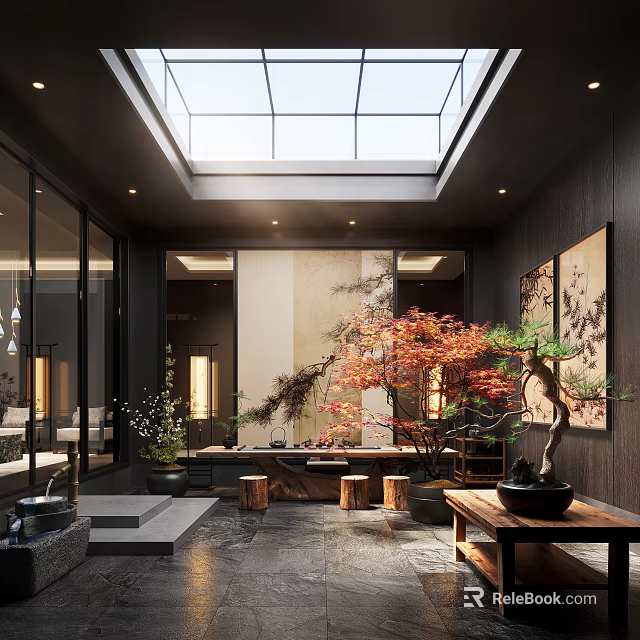 Indoor Courtyard Garden with Skylight Dark Walls Red Maple Tree Wooden Furniture and Potted Plants 3d model 