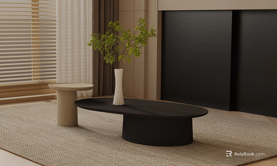 Modern Sofa and Coffee Table Set with Black Oval Table Beige Side Table Green Plant 3d model