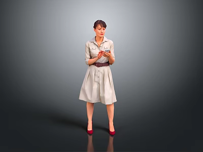 Woman Holding Phone In Light Colored Dress With Belt And Red High Heels Gray Background 3d model