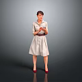 Woman Holding Phone In Light Colored Dress With Belt And Red High Heels Gray Background