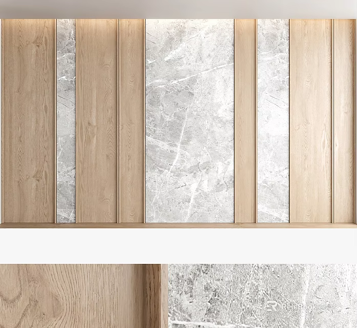 Elegant Modern Feature Wall Interior Design With Wooden Panels And Marble Texture 3d model 
