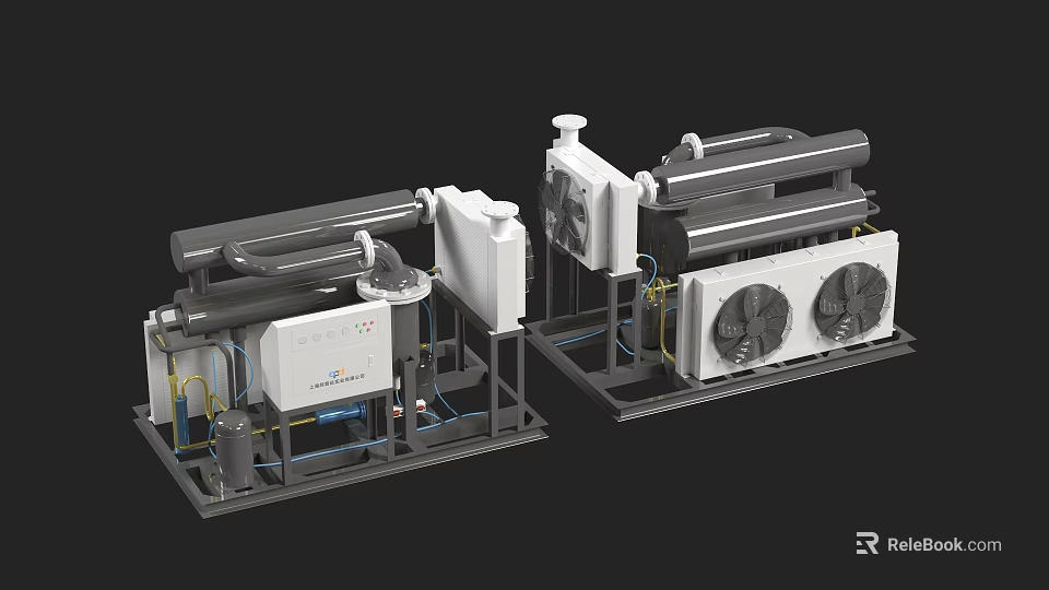 High Performance Industrial Chiller Equipment with Pipes Fans and Control Panels 3d model 