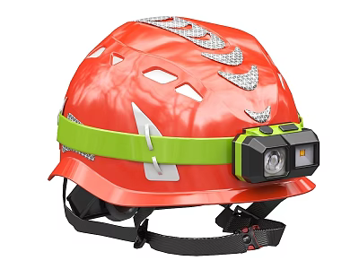 Red Safety Helmet with Green Strap and Headlamp for Work Applications 3d model
