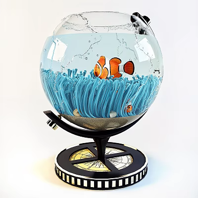 Spherical Fish Tank with Clownfish Blue Aquatic Plants and Decorative Base Dial 3d model