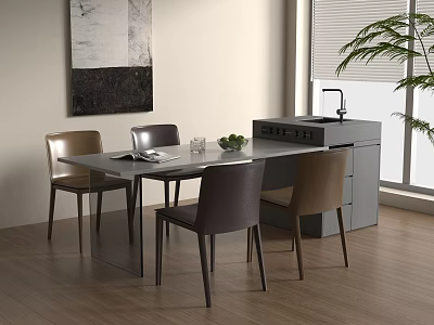 Modern Dining Table With Four Chairs Wall Art Plant And Wooden Floor 3d model