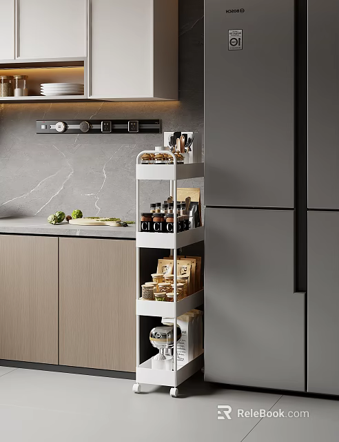 Modern Kitchen Multi-Tiered Storage Shelf with Spices and Food Packages 3d model 