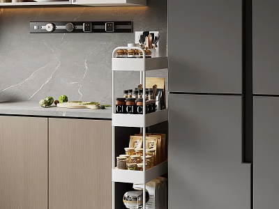 Modern Kitchen Multi-Tiered Storage Shelf with Spices and Food Packages 3d model