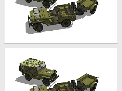 Green Military Style Utility Vehicle With Camouflage Top And Off Road Trailer 3d model
