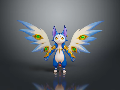 Fantasy Game Movie Character With Blue White Fur Cat Ears Large Blue Wings Green Decorations 3d model