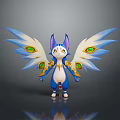 Fantasy Game Movie Character With Blue White Fur Cat Ears Large Blue Wings Green Decorations