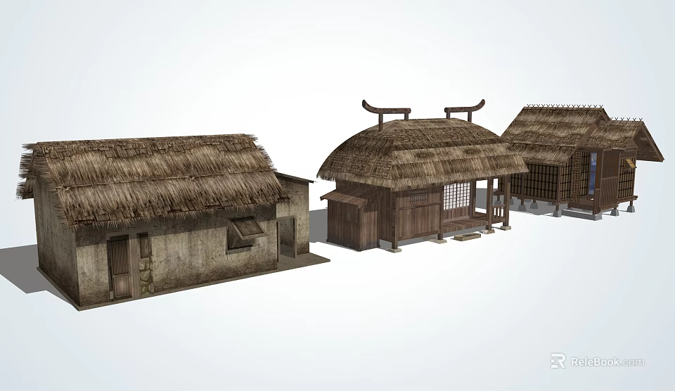 Traditional Chinese Rural Houses With Thatched Roofs Wooden Structures And Earthen Walls 3d model 