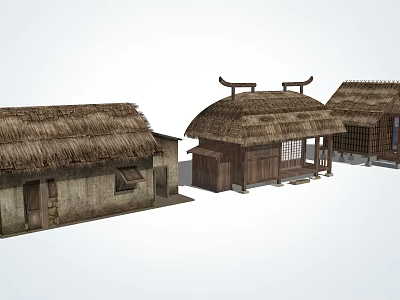 Traditional Chinese Rural Houses With Thatched Roofs Wooden Structures And Earthen Walls 3d model