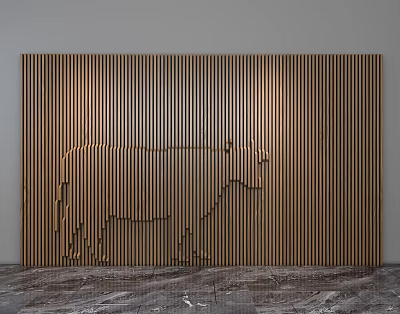 Brown And Light Brown Wooden Slat Bedroom Accent Wall With Animal Cutout And Marble Floor 3d model