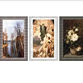 Three Framed Paintings on White Wall Including Landscape Central Figure and Floral Art