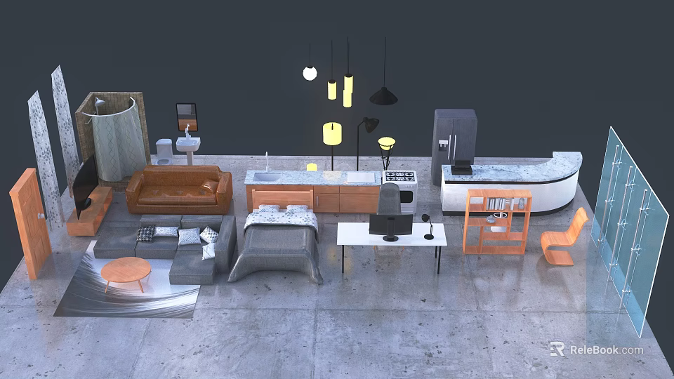 Modern Console Table And Side Cabinet In Interior With Wooden Frame And Marble Top 3d model 