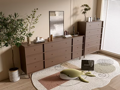 Modern Entryway Console Cabinet And Sideboard With Brown Wooden Drawers Decorative Plant And Area Rug 3d model