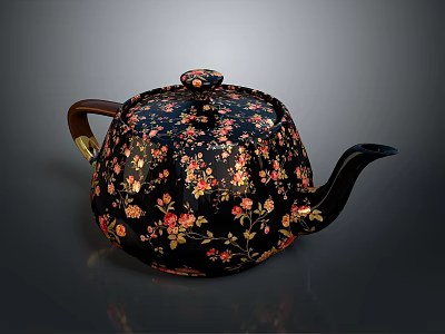 Elegant Black Teapot With Floral Patterns Wooden Handle And Gold Accents 3d model
