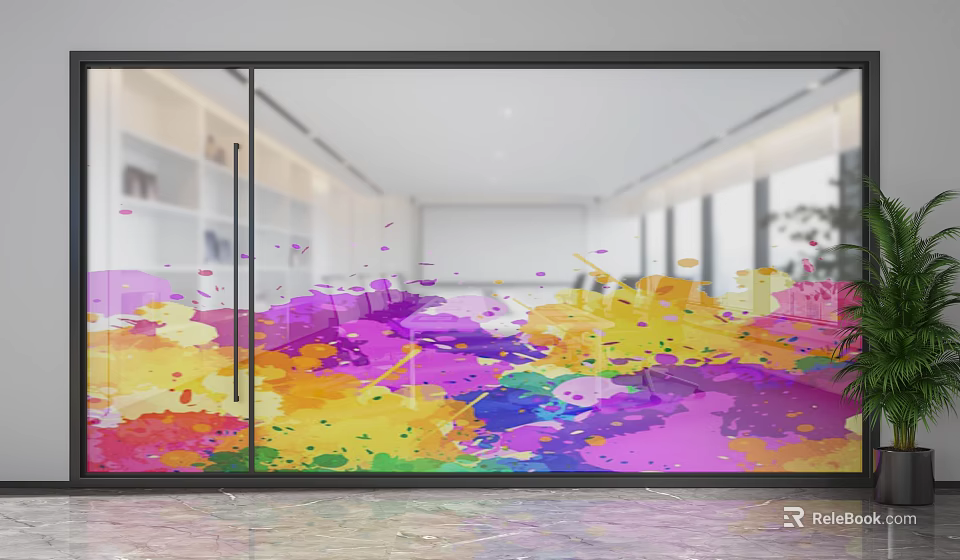 Glass Partition With Colorful Paint Splatter Design In Bright Interior Space 3d model 