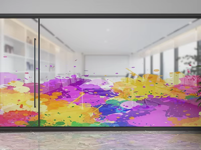 Glass Partition With Colorful Paint Splatter Design In Bright Interior Space 3d model