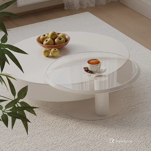 Modern Sofa and Coffee Table Set with White Round Table Apples Coffee and Green Plant 3d model