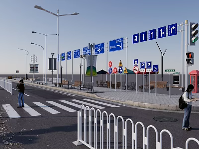 Road Facilities Including Street Lamps Traffic Signs Traffic Lights Zebra Crossings And Guardrails 3d model