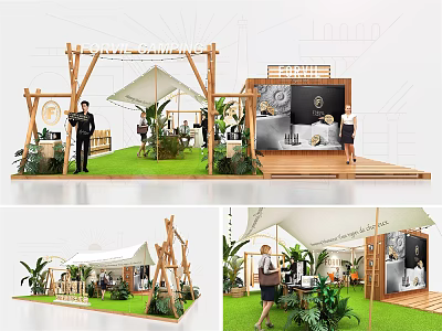Modern Exhibition Booth Design With Wooden Frame White Canopy Green Plants And Display Area 3d model
