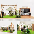 Modern Exhibition Booth Design With Wooden Frame White Canopy Green Plants And Display Area