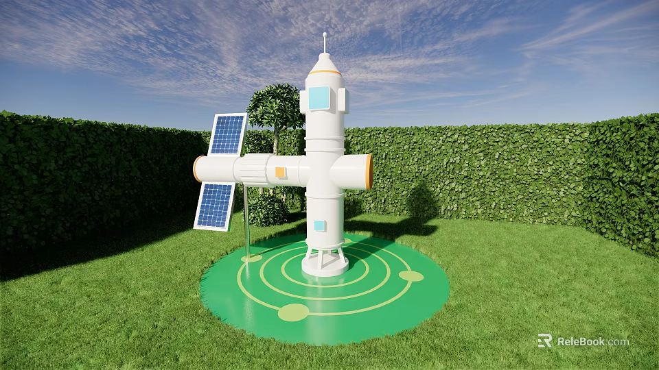Creative Photo Check-in Spot Featuring White Space Capsule Solar Panels Green Lawn and Hedge 3d model 