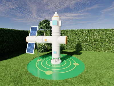 Creative Photo Check-in Spot Featuring White Space Capsule Solar Panels Green Lawn and Hedge 3d model