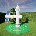 Creative Photo Check-in Spot Featuring White Space Capsule Solar Panels Green Lawn and Hedge