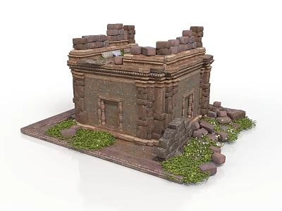 Modern Scenery With Ancient Stone Building Ruins And Green Grass 3d model