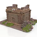 Modern Scenery With Ancient Stone Building Ruins And Green Grass