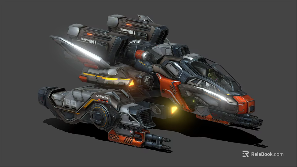 Futuristic Sci Fi Vehicle With Mechanical Structure Orange Black Color Glowing Lights And Weaponry 3d model 