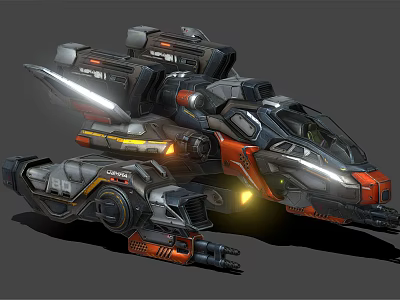Futuristic Sci Fi Vehicle With Mechanical Structure Orange Black Color Glowing Lights And Weaponry 3d model