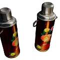Decorative Thermos Flasks With Silver Lids Black Bodies And Colorful Flower Patterns