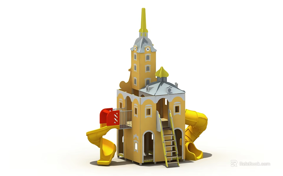 Yellow Castle Themed Playhouse Featuring Slide Ladder And Red Decorative Elements 3d model