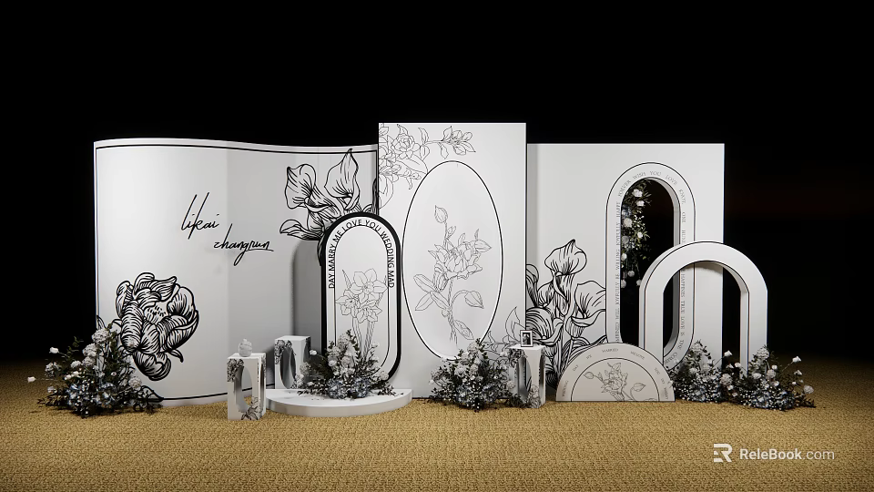 Elegant Decorative Display With Floral Sketch Panels Oval Frames Arched Mirrors And Greenery 3d model 