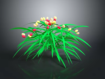 Lush Green Plant With Long Leaves And Clusters Of Small Yellow Red Flowers 3d model