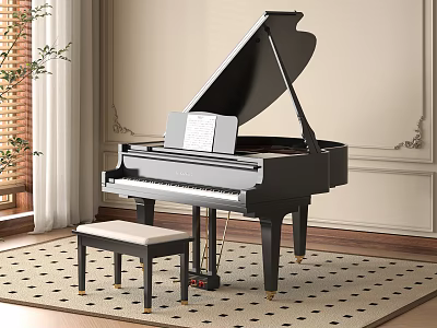 Elegant Black Grand Piano With Stool And Music Sheet On Rug In Decorative Room 3d model