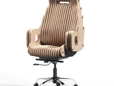 Wooden Office Chair With Striped Design Armrests Adjustable Swivel Base And Wheels 3d model