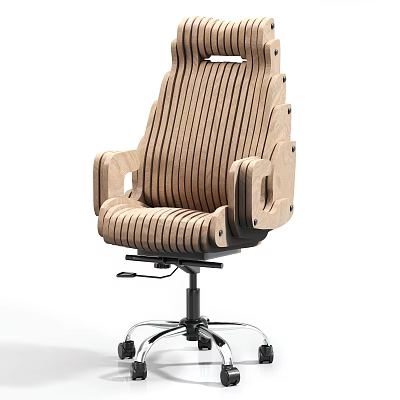 Wooden Office Chair With Striped Design Armrests Adjustable Swivel Base And Wheels 3d model